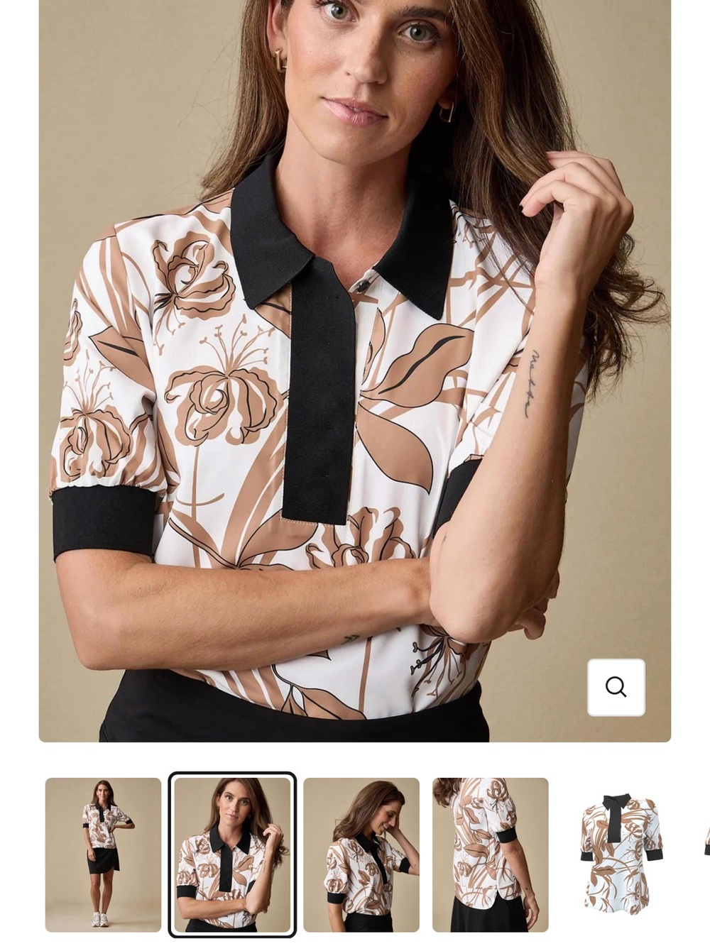 Floral Button-Down Polo Shirt in Cream and Brown with Black Trim
